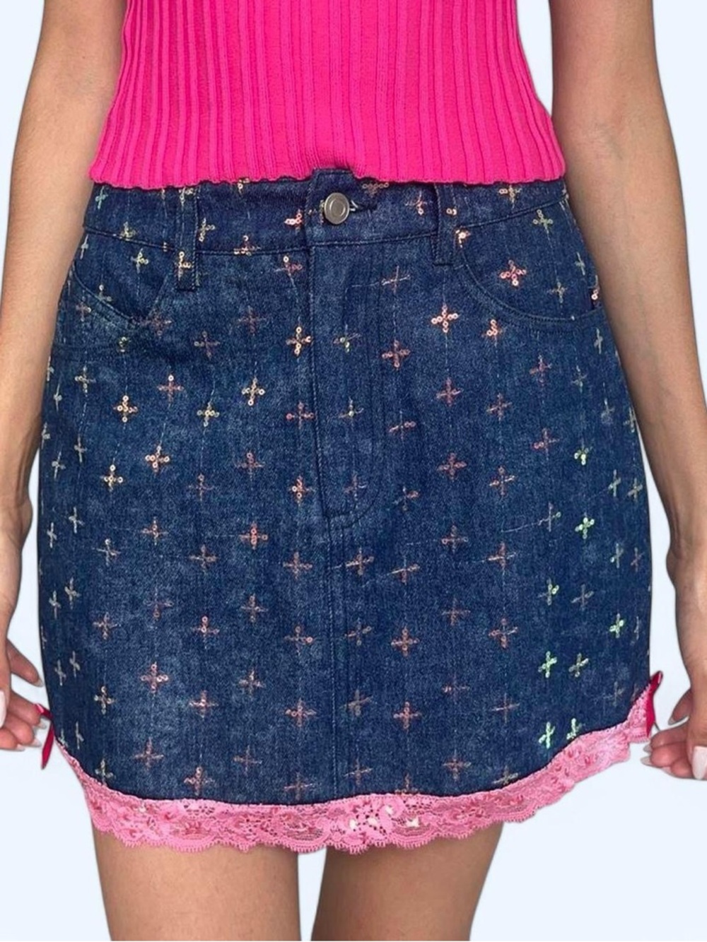 OHS Reworked Denim Mini Skirt w/ Pink Lace Trim 🌸✨